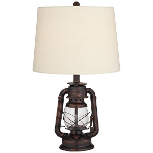 Franklin Iron Works Murphy Rustic Industrial Accent Table Lamp Miner Lantern 23" High Red Bronze Oatmeal Fabric Shade for Bedroom Living Room Office - 1 of 4