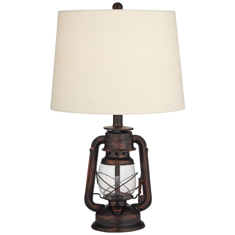 Franklin Iron Works Murphy Rustic Industrial Accent Table Lamp Miner Lantern 23" High Red Bronze Oatmeal Fabric Shade for Bedroom Living Room Office, 1 of 11