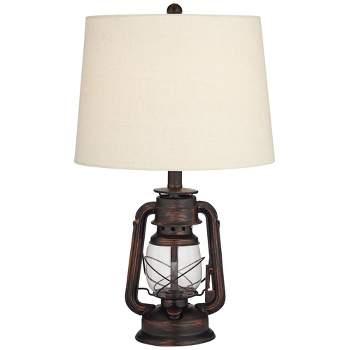 Franklin Iron Works Murphy Rustic Industrial Accent Table Lamp Miner Lantern 23" High Red Bronze Oatmeal Fabric Shade for Bedroom Living Room Office