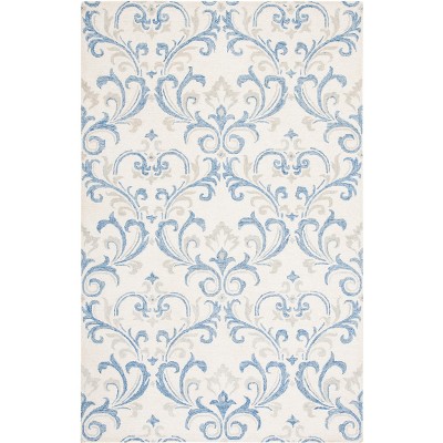 Ivory and Blue Floral Handmade Wool Area Rug, 4' x 6'