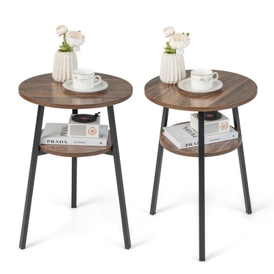 Costway 2PCS 2-Tier Bedside End Table Round Nightstand for Bedroom Living Room Brown/Walnut