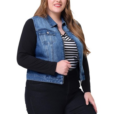 Agnes Orinda Women's Plus Size Trucker Zipper Front Sleeveless Sport Crop Denim Vests