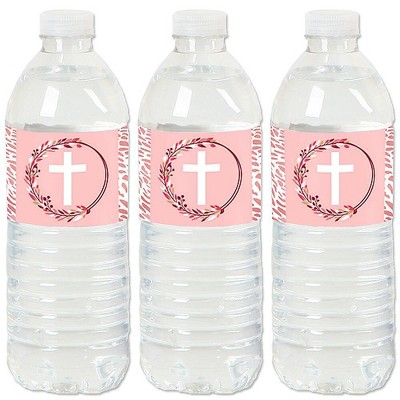 Big Dot of Happiness Pink Elegant Cross - Girl Religious Party Water Bottle Sticker Labels - Set of 20