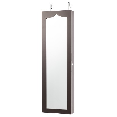Tangkula Lockable Wall Mounted Jewelry Armoire w/Mirror & LED Lights Brown/White