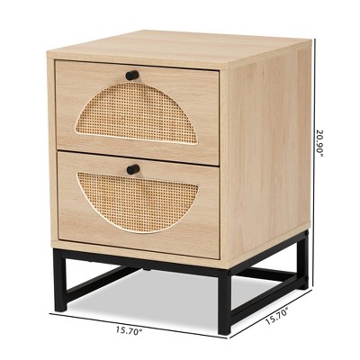 Ardon Bohemian Light Brown Wood and Metal 2 Drawer Nightstand with Rattan