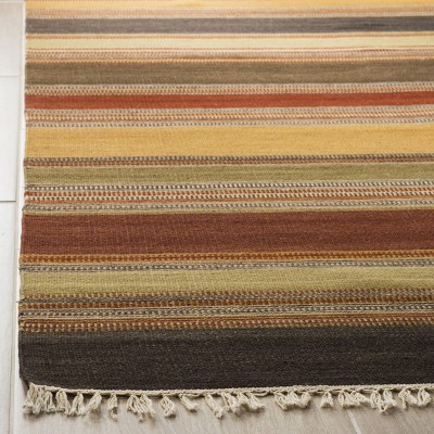Red and Gold Striped Wool Square Kilim Rug, 7'x7'