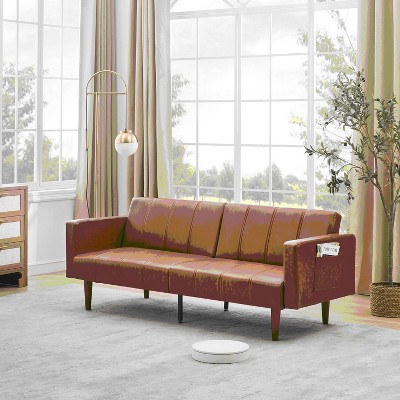 75" Futon Sofa Bed, Mid-Century Modern Futon Couch, Convertible Sleeper Sofa with Adjustable Backrest, PU Leather Sofa Couch for Living Room, Brown