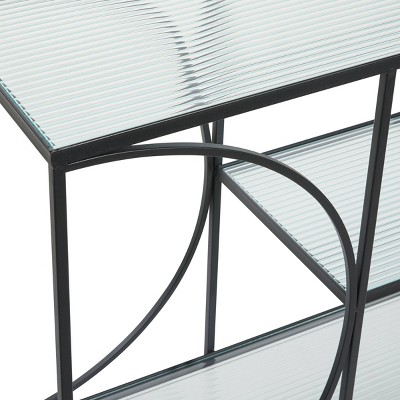 Black Metal and Glass Industrial Console Table with Storage Shelves