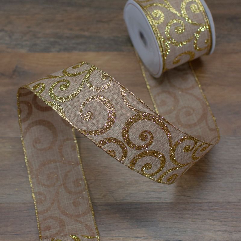 Northlight Burlap and Gold Scroll Christmas Wired Craft Ribbon 2.5" x 10 Yards, 2 of 4