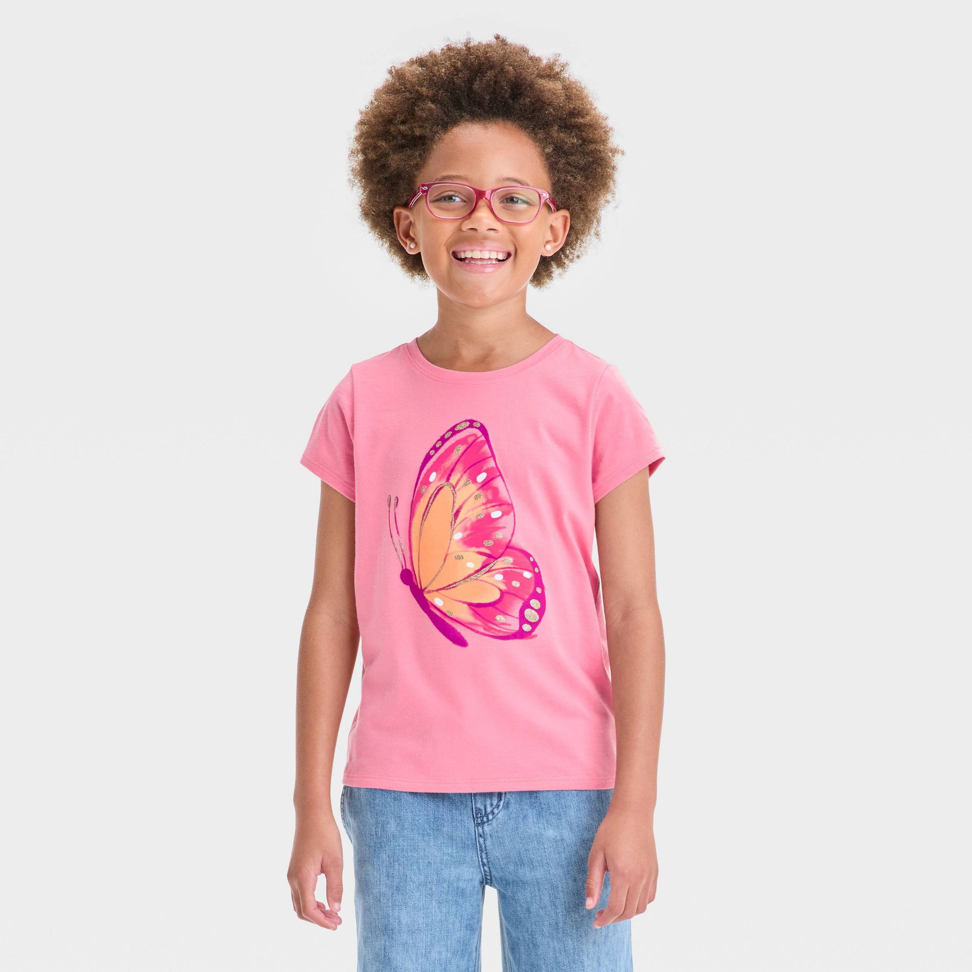 Girls' Short Sleeve Butterfly Graphic T-Shirt - Cat & Jack™ Medium Pink M: Relaxed Fit