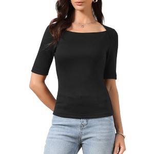 INSPIRE CHIC Women's Square Neck Half Sleeve Fitted Knit Dressy Casual Summer Tops - 1 of 4