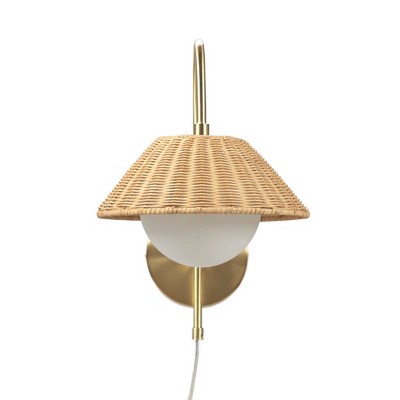 Gold Iron Wall Sconce with Rattan Shade and Frosted Globe