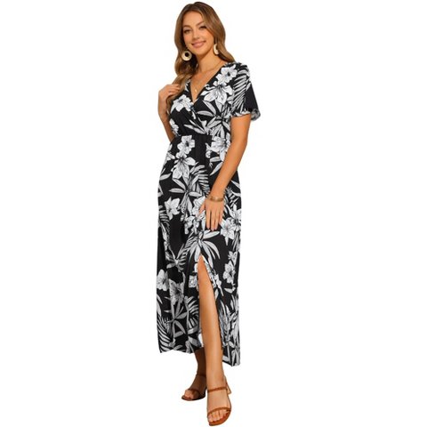 Женские платья INSPIRE CHIC Women's Short Sleeve Slit Wrap V Neck Maxi Floral Long Dresses X-Small Black