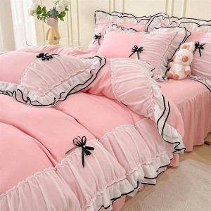 Light Pink Full Duvet Cover Set with Ruffles and Bowtie, 3 Pieces, Zipper Closure, Pillowcase Included - 1 of 4