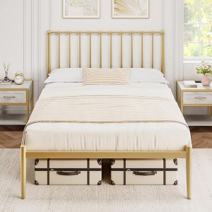 Twin Full Queen Bed Frame Metal Platform Bed with Headboard, 14 Inches Metal Mattress Foundation, No Box Spring Needed, Easy Assembly, Gold - 1 of 4