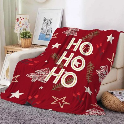 1-Pack Cozy Red Christmas Blanket with HO HO HO & Golden Lettering - Soft Flannel Bedspread, White & Golden Star Pattern.