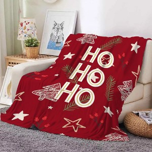 1-Pack Cozy Red Christmas Blanket with HO HO HO & Golden Lettering - Soft Flannel Bedspread, White & Golden Star Pattern. - 1 of 4