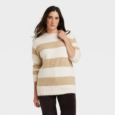 Women's Crewneck Tunic Pullover Sweater - A New Day™ Cream/black Striped Xs  : Target