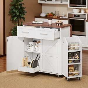 Kitchen Island with Drop Leaf, Rolling Kitchen Cart with Removable Side Shelf, Hidden Tilt Trash Cabinet, Drawers and Adjustable Storage - 1 of 4