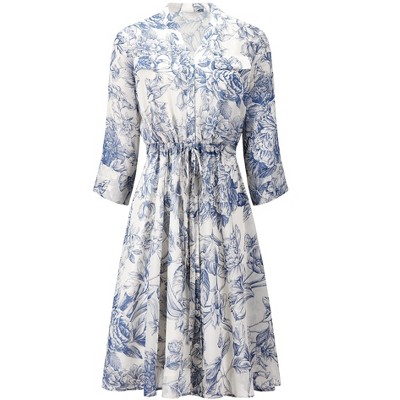 Hobemty Women's V-Neck 3/4 Sleeve Tie Waist Button-Down Floral Chiffon Dress