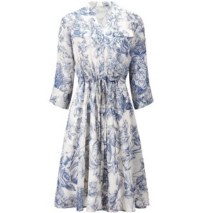 Hobemty Women's V-Neck 3/4 Sleeve Tie Waist Button-Down Floral Chiffon Dress - 1 of 4
