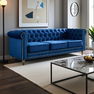 84.65" Chesterfield Velvet Sofa with Gold Trim & HD Foam - 1 of 4