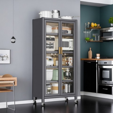 LauKingdom Open-door kitchen shelving Floor-to-ceiling multilevel household microwave storage cabinet bowls side cabinets cabinets Storage cabinets Grey color