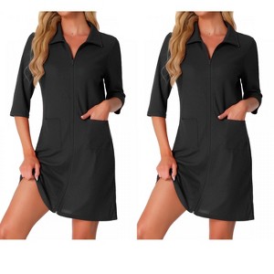 INSPIRE CHIC Women's 2 Pcs Zip Waffle Robes 3/4-Sleeve Bathrobe Knee-Length Housecoat Short Sleepwear with Pockets - 1 of 4
