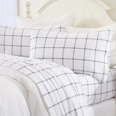 Great Bay Home 100% Cotton Flannel Windowpane Sheet Set Twin XL White / Grey
