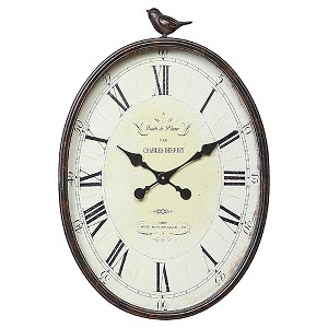 Storied Home 17" x 25-1/4" Metal Wall Clock with Bird Rust - 3R Studios: Indoor Oval Timepiece, No Choking Hazard - 1 of 4