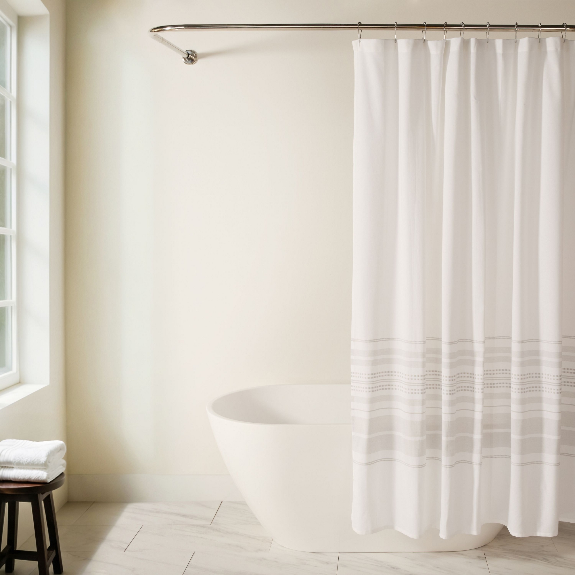 Yarn-Dyed Cotton Blend Shower Curtain – 72x72 Striped & Classic Print Fabric, Modern Farmhouse Hotel Style- Becky Cameron, Placement Stripe Light Gray