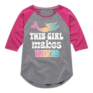 Girls' - Instant Message - This Girl Makes Waves Mermaid Shirt Tail Raglan Graphic T-shirt - 1 of 4