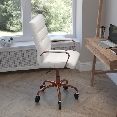 White LeatherSoft Mid-Back Executive Swivel Chair with Rose Gold Frame