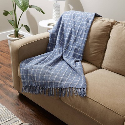 Stonewash Blue Checked Plaid Cotton Throw, 50"x60"