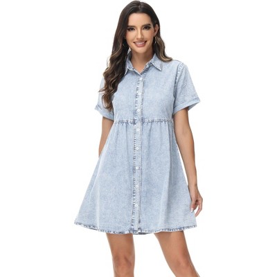Anna-Kaci Women's Casual High Waist Button Down Tiered Denim Shirt Dress