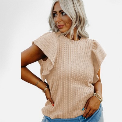 Amaryllis Women's Textured Knit Blouse Flutter Sleeve Relaxed Fit Crew Neck Chic Versatile Casual Everyday Top