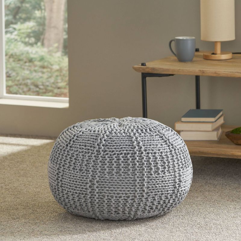 Hortense Modern Knitted Cotton Round Pouf - Christopher Knight Home, 3 of 9