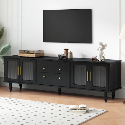 Retro Design TV Console With Fluted Glass Doors For 78" TV,Media Console With 2 Drawers And Cabinets,TV Console For Living Room-Cuddlewood