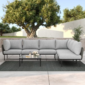 LayinSun 7 Pieces Rope Woven Patio Furniture Set, Modern Modular Sectional Sofa with Coffee Table and Upgrade Thickness Cushion - 1 of 4