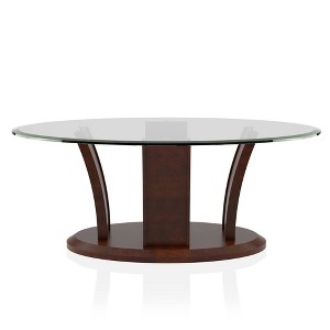 HOMES: Inside + Out Gabriella Oval Glass Top Coffee Table Brown Cherry : Transitional Style, Wood Veneer Pedestal - 1 of 4