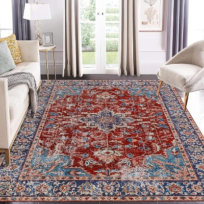 Acekool 2x6 Vintage Blue Washable Runner Rug, Non-Slip Oriental Medallion Low Pile Accent Carpet for Hallway, Entryway, Kitchen