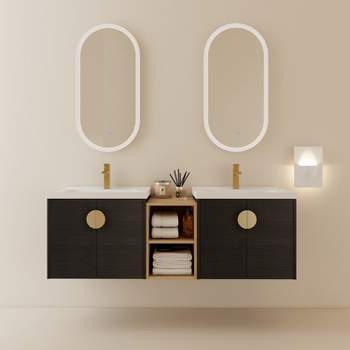 60" Wall Mounted Soft Close Doors Bathroom Vanity With Sink, Metal Handles and Small Storage Shelves 4A - ModernLuxe