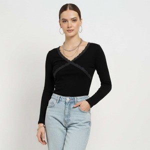 Cherie Code Women’s Black & White Striped Long Sleeve Tee – Lace‑Trim V‑Neck Casual Top - 1 of 4