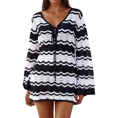 Eomenie Women Crochet Swim Cover Up Summer Bathing Suit Hollow Out Long Sleeve Dress Coverup Mesh Knit Beach Outfits
