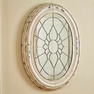 Aged Cream Oval Wood and Metal Window Frame Mirror