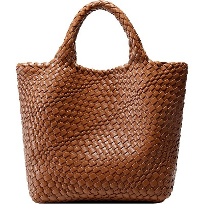 Paaaawaters Woven Bag for Women, Vegan Leather Tote Bag Large Summer Beach Travel Handbag