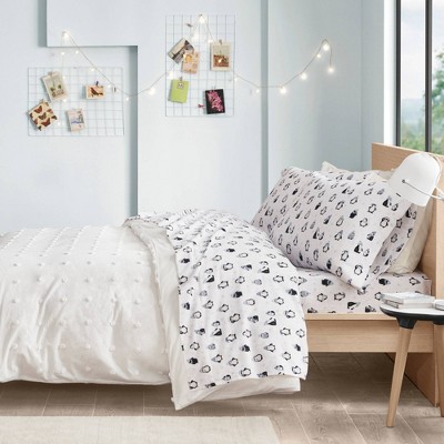 Full Gray Cotton Flannel Penguin Print Sheet Set