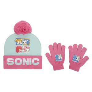 Sonic the Hedgehog Pink and White Youth Cuffed Beanie and Gloves Set - 1 of 4