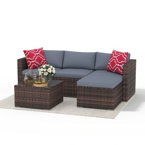 homfan 5 Pieces L-shaped outdoor Patio Furniture Sets, All-Weather Conversation PE Rattan Sofa with Tempered Glass Table & Waterproof Cushions - 1 of 4