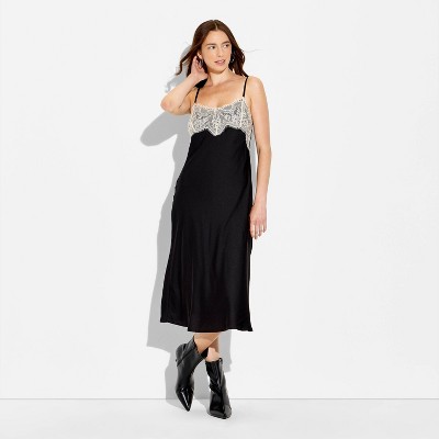 Women's Lace Trim Satin Midi A-Line Dress - Wild Fable